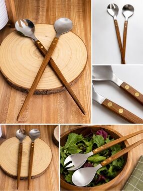 MCM Brown Wood Handle Stainless Steel Salad Servers Set